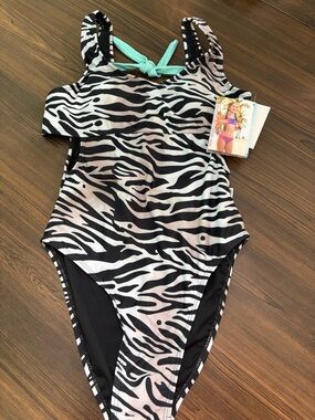 Limeapple Black and White Zebra One-Piece Swimsuit with Mint Accent